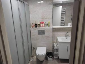 La salle de bains est pourvue de toilettes et d'un lavabo. dans l'établissement 150 m2 flat with high speed WiFi 100 mbps, perfect home office in the city center!, à Seyhan