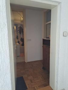 a hallway with a bathroom with a sink and a mirror at Apartman Kosa in Bežanija