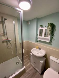 een badkamer met een douche, een toilet en een wastafel bij Bakers House - Contractor Suitable in Bentley
