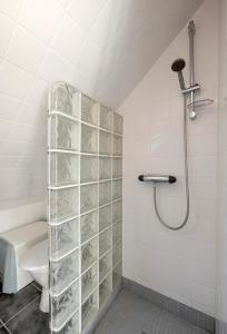 a bathroom with a shower and a toilet at Modern house in Ronneby near lake and sea in Ronneby