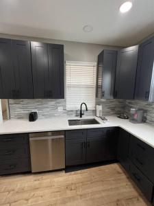a kitchen with black cabinets and a sink at The Silver Benz in Atlanta