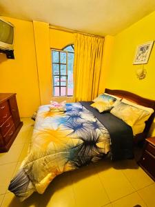 巴尼奧斯的住宿－Hostal Grand Rio，黄色间内一间卧室,配有一张床