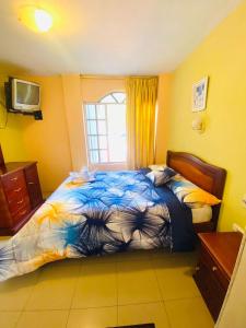 - une chambre avec un lit et une télévision dans l'établissement Hostal Grand Rio, à Baños