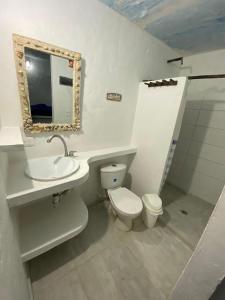 a bathroom with a toilet and a sink and a mirror at Hostal Coral Blue in Rincón