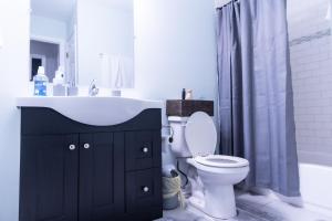 een badkamer met een wastafel, een toilet en een douche bij HOAPS in Minneapolis