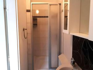 a bathroom with a shower and a toilet at Charmantes Refugium, Harz in Wildemann +32 photos
