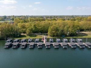 uma vista aérea de uma marina com um grupo de barcos em Luxury houseboat with roof terrace and beautiful view over the Mookerplas em Middelaar