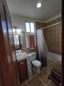 佩納斯科港的住宿－*3BR/2 KING Suites/3.5 BATH Rooftop w/Ocean Views，浴室配有卫生间、盥洗盆和淋浴。