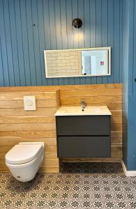 a bathroom with a sink and a toilet and a mirror at Sem Apartments in Reykjavík