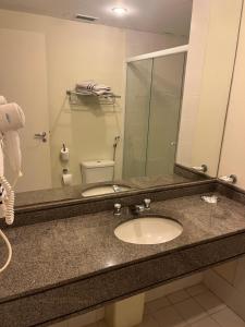 a bathroom with a sink and a mirror at Flat lindo Aeroporto Congonhas Moema piscinas garagem 1703 in São Paulo