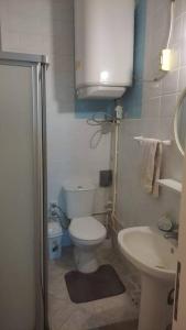 La petite salle de bains est pourvue de toilettes et d'un lavabo. dans l'établissement New Year in the Mediterranean, 10 meters from the sea, à Silifke