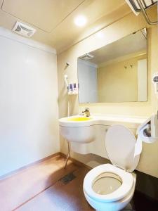a bathroom with a toilet and a sink and a mirror at Ying Shih Guest House in Datong