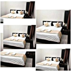 a collage of four pictures of a bedroom with two beds at Hotel namo in Alwar