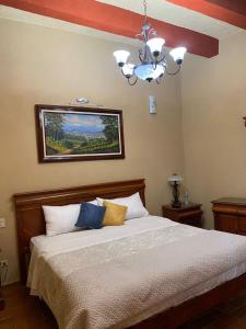 um quarto com uma cama e um lustre em Hotel Antigua Casa de Piedra em San Miguel de Allende