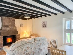 a living room with a couch and a fireplace at Meadow View Cottage in Highpeak Junction