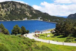 a large body of water with a group of people and horses at Petit chalet dans résidence in Font-Romeu-Odeillo-Via