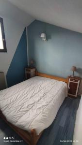 een slaapkamer met een bed en een blauwe muur bij Petit chalet dans résidence in Font Romeu Odeillo Via
