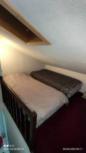 Petit chalet dans résidence في فون-رومو-أوديللو-فيا: غرفة نوم صغيرة مع سرير بطابقين في غرفة