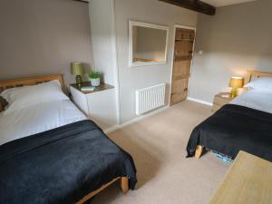 a bedroom with two beds and a mirror at Pheasant Cottage in Richmond