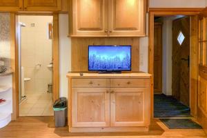 La salle de bains est pourvue d'une télévision sur une armoire en bois. dans l'établissement Apartment in K nigsleiten with a shared sauna, à Königsleiten