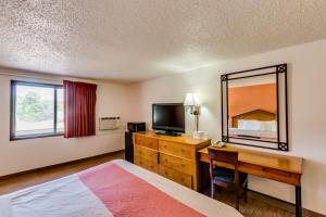 a bedroom with a bed and a desk and a mirror at Motel 6-Albert Lea, MN in Albert Lea