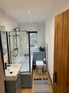 a bathroom with a shower and a toilet and a sink at Quarryman’s Holiday Let in Llysfaen