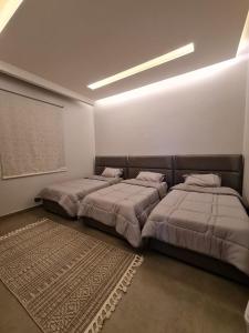 1 dormitorio con 2 camas y alfombra en فيلا جبل لبنان الهدا en Al Hada