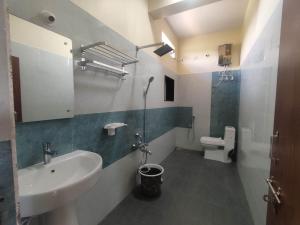 a bathroom with a sink and a shower and a toilet at Mamatha Guest inn in Hampi +29 photos