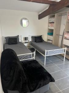 1 dormitorio con 2 camas y alfombra en Maison toute équipée à Grézieu la Varenne, en Grézieu-la-Varenne