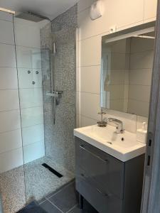 y baño con lavabo y ducha con espejo. en Maison toute équipée à Grézieu la Varenne, en Grézieu-la-Varenne