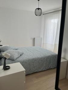 a white bedroom with a bed and a mirror at Magnifique appartement sur la seine in Alfortville