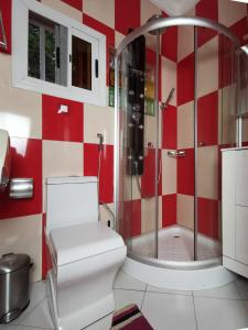 a red and white bathroom with a toilet and a shower at Agbata Guest House 