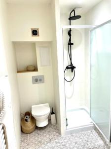 a bathroom with a toilet and a glass shower at Maison charmante avec terrasse, 2 chambres in Marseillan