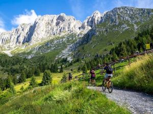 un grupo de personas montando bicicletas en un sendero de montaña en Residenza Rovetta, en Rovetta