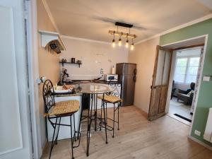 eine Küche mit einem Tisch und Stühlen sowie einem Kühlschrank in der Unterkunft Le p'tit gîte d'Edmé in Montbard