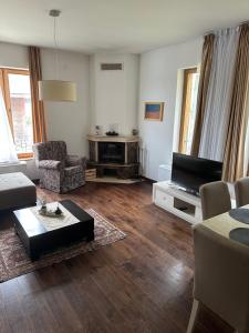 - un salon avec un canapé et une télévision dans l'établissement Jaram Vile Apartmani, à Kopaonik