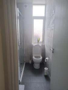 a white bathroom with a toilet and a window at Attractive 2 bed apartments free Wi-Fi and parking in Croydon
