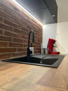 a kitchen with a sink and a brick wall at Appartement centre historique in Albi