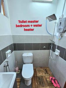 y baño con aseo, lavabo y ducha. en Dieyra Homestay, en Kuala Terengganu