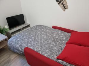 een slaapkamer met een rode bank en een tv bij Appartement sympathique in Vendeuvre-sur-Barse