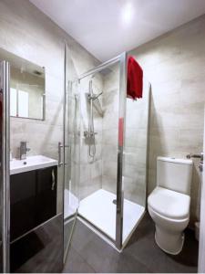 a bathroom with a shower and a toilet and a sink at Attractive 2 bed apartments free Wi-Fi and parking in Croydon