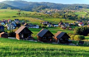 a small village in a green field with houses at Trzy Szczyty-Turbacz in Grywałd