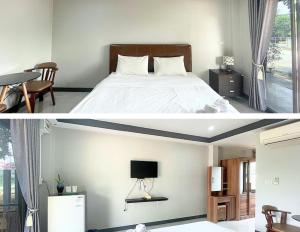 um quarto com uma cama e um quarto com uma televisão em Smaids Room em Lampang