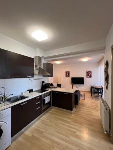 cocina con armarios negros y suelo de madera en Daniela's modern apartment, en Strovolos