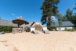 a group of chairs sitting in the sand on a beach at Pärapõrgu puhkemaja in Miila