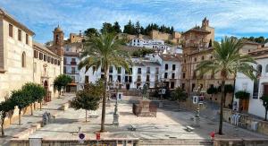 a city street with palm trees and buildings at Casa Centinela in Antequera