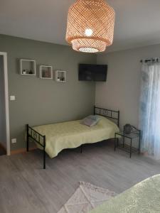1 dormitorio con cama y lámpara de araña en Gîte du capitaine, en Maranville