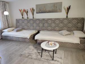 a living room with two beds and a table at Apartment Dalyce in Šiauliai