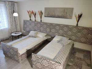 a living room with two beds and a table at Apartment Dalyce in Šiauliai