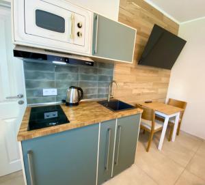 a kitchen with a sink and a microwave at RIVERBLICK NEAR FRANKFURT in Hainburg